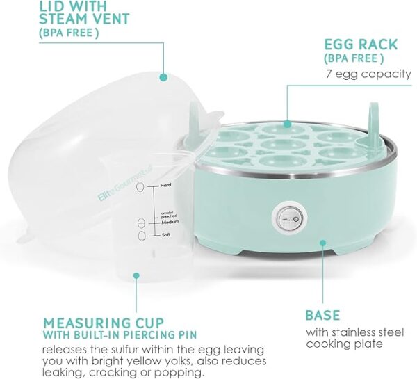 Elite Gourmet EGC115M Easy Egg Cooker Electric 7-Egg Capacity, Soft, Medium, Hard-Boiled Egg Cooker with Auto Shut-Off, Measuring Cup Included, BPA Free, Retro Mint Visit the Elite Gourmet Store - Image 4