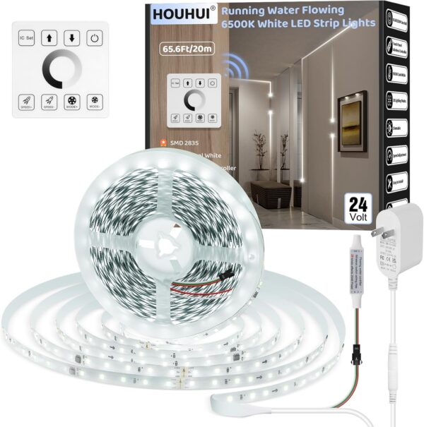 HOUHUI White LED Strip Lights 65.6Ft, 6500K White Running Water Flowing LED Light Strip with Touch Panel Wireless Control,28 Modes,Dimmable LED Tape Lights for Bedroom Living Room Home Party DIY Decor - Image 2