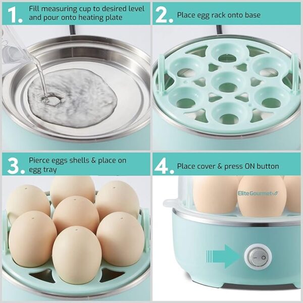 Elite Gourmet EGC115M Easy Egg Cooker Electric 7-Egg Capacity, Soft, Medium, Hard-Boiled Egg Cooker with Auto Shut-Off, Measuring Cup Included, BPA Free, Retro Mint Visit the Elite Gourmet Store - Image 2