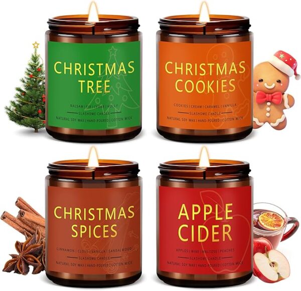 Christmas Candle Set | 4 Pack Scented Candles for Home | Holiday Gifts for Women & Men | Soy Candles with Scents of Christmas Tree, Cookies, Spices & Apple Cider