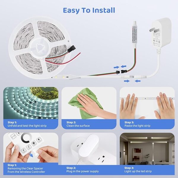 HOUHUI White LED Strip Lights 65.6Ft, 6500K White Running Water Flowing LED Light Strip with Touch Panel Wireless Control,28 Modes,Dimmable LED Tape Lights for Bedroom Living Room Home Party DIY Decor - Image 5