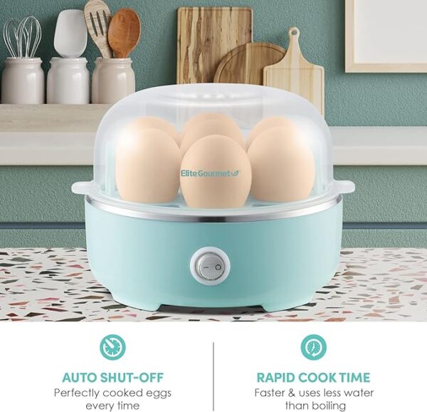 Elite Gourmet EGC115M Easy Egg Cooker Electric 7-Egg Capacity, Soft, Medium, Hard-Boiled Egg Cooker with Auto Shut-Off, Measuring Cup Included, BPA Free, Retro Mint Visit the Elite Gourmet Store - Image 3