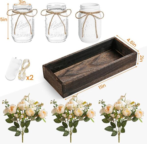 3 Pcs Mason Jar Centerpiece Table Decorations for Dining Table Decor Farmhouse Coffee Table Decor with Wood Tray and Led Light Table Centerpieces for Dining room Kitchen Living Bathroom,White - Image 3