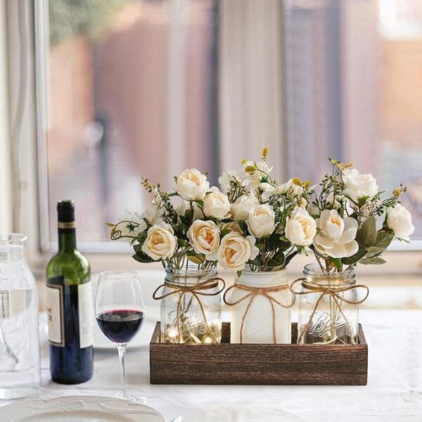 3 Pcs Mason Jar Centerpiece Table Decorations for Dining Table Decor Farmhouse Coffee Table Decor with Wood Tray and Led Light Table Centerpieces for Dining room Kitchen Living Bathroom,White - Image 5