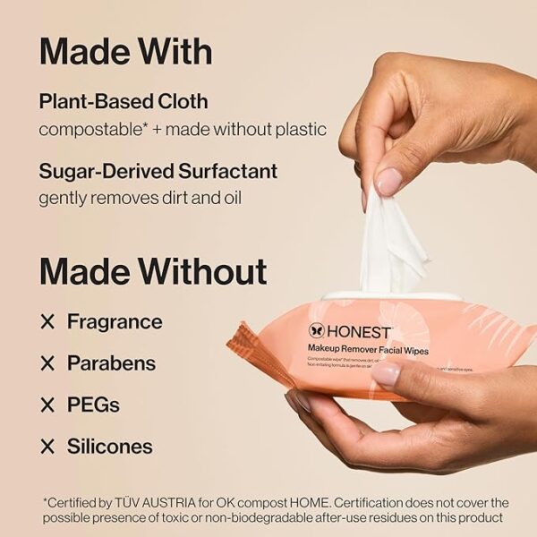 Honest Beauty Fragrance Free Cleansing Makeup Remover Facial Wipes | Plant Based, Hypoallergenic, Gentle for Sensitive Skin | 90 Count - Image 6