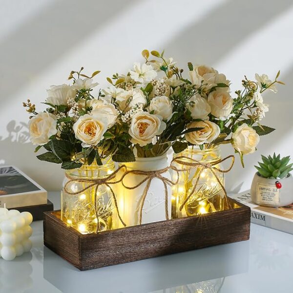 3 Pcs Mason Jar Centerpiece Table Decorations for Dining Table Decor Farmhouse Coffee Table Decor with Wood Tray and Led Light Table Centerpieces for Dining room Kitchen Living Bathroom,White - Image 2