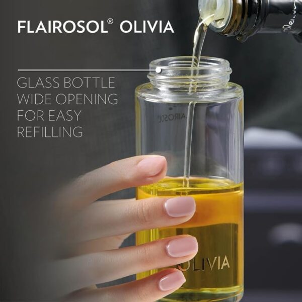 FLAIROSOL OLIVIA. The Original Advanced Oil Sprayer for Cooking, Salads, BBQs and More, Continuous Spray with Portion Control, Trusted by Chefs. Patented Technology. (Glass Bottle) (Golden Leaves) - Image 2
