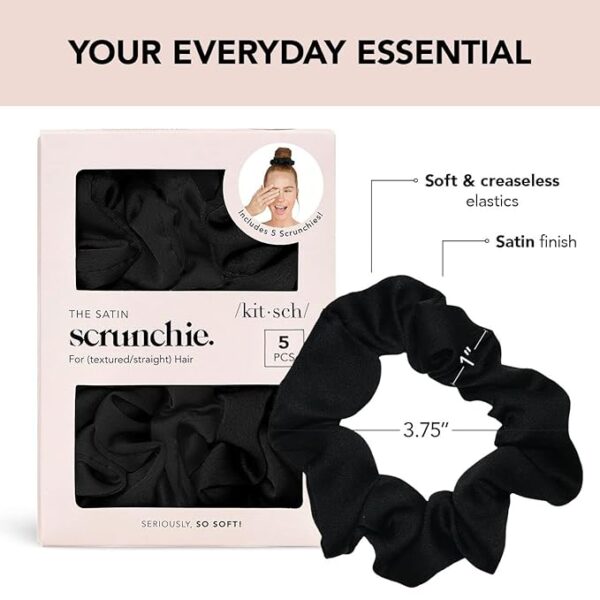 Kitsch Satin Scrunchies for Women - No Crease Hair Ties for Girls | Scrunchies For All Hair Types and Textures, Perfect for Day or Night - 5 Pcs, Black - Image 8