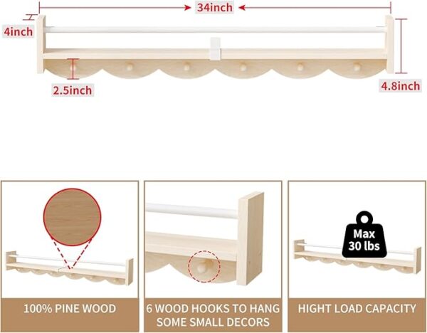 Nursery Bookshelves Wall Mounted，34inch，Set of 3, Floating Shelf Kids Coat Rack with 6Hooks,Hanging Shelf for Baby Nursery Room Décor, Patent Number: 29924445,Burlywood - Image 6