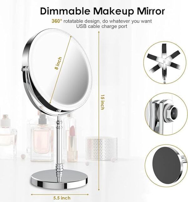 Lighted Makeup Mirror, 3000 mAh Rechargeable Double Sided Magnifying Mirror with 3 Colors, 1x/10x 360° Rotation Vanity Mirror, Brightness Adjustable Magnification Cosmetic Light up Mirror, Women Gift - Image 7