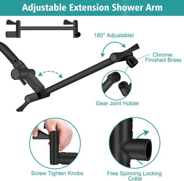 Shower Head, 8‘’ High Pressure Rainfall/Handheld Shower Combo with 11'' Extension Arm, 9 Settings, Anti-leak Shower Head with Holder, Height/Angle Adjustable, Chrome, Matte Black - Image 3