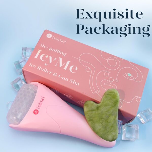 BAIMEI IcyMe Ice Roller for Face and Gua Sha Facial Tool Set, Ice Face Roller Reduces Puffiness Relieves Migraines Skin Care Tools, Self Care Gift for Women - Pink - Image 4