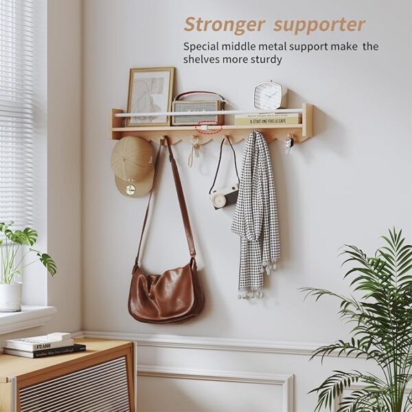 Nursery Bookshelves Wall Mounted，34inch，Set of 3, Floating Shelf Kids Coat Rack with 6Hooks,Hanging Shelf for Baby Nursery Room Décor, Patent Number: 29924445,Burlywood - Image 5