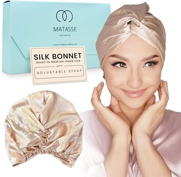 MATASSE Silk Bonnet for Sleeping with and without Adjustable Strap for Curly and Straight Hair - 22 Momme Sleep Cap, Real Mulberry on Both Sides