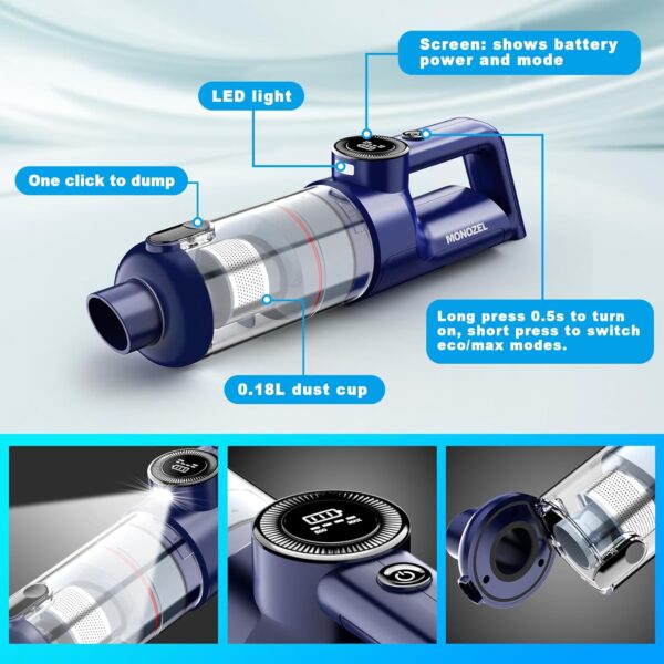 Handheld Vacuum Cordless - Car Vacuum Cleaner with Brushless Motor, 15000Pa Strong Suction with LED Light, Type C Cable, 2 Fliters, Portable Hand Vacuum for Car, Home, and Office - Image 2