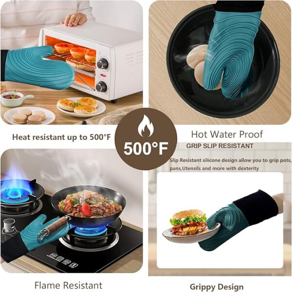 Silicone Oven Mitts-13.6 in Extended Oven Mitts Heat Resistant 500F, Oven Gloves with Soft Liner Good Grippy BPA-Free Easy to Clean Flexible-Oven Mits Set for Cooking Baking Grilling BBQ - Image 4