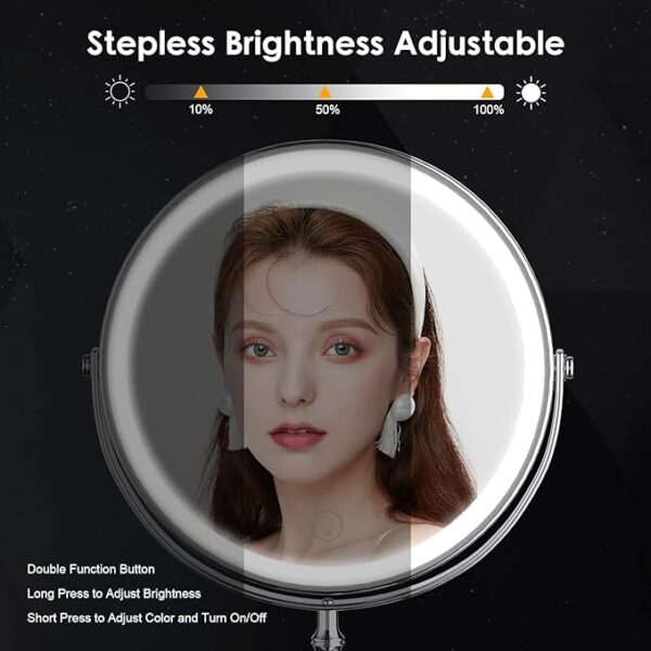 Lighted Makeup Mirror, 3000 mAh Rechargeable Double Sided Magnifying Mirror with 3 Colors, 1x/10x 360° Rotation Vanity Mirror, Brightness Adjustable Magnification Cosmetic Light up Mirror, Women Gift - Image 5