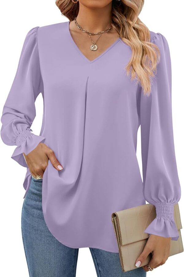 Funlingo Women's 2024 Long Sleeve Tops Dressy Casual V Neck Tunic Shirts Loose Chiffon Work Blouse