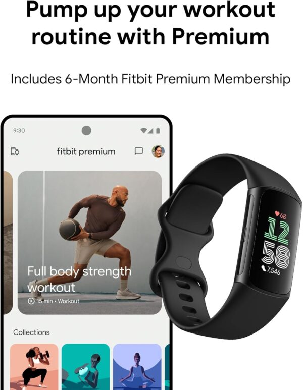 Fitbit Charge 6 Fitness Tracker with Google apps, Heart Rate on Exercise Equipment, 6-Months Premium Membership Included, GPS, Health Tools and More, Obsidian/Black, One Size (S & L Bands Included) - Image 2
