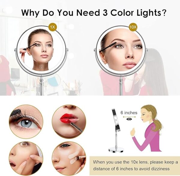 Lighted Makeup Mirror, 3000 mAh Rechargeable Double Sided Magnifying Mirror with 3 Colors, 1x/10x 360° Rotation Vanity Mirror, Brightness Adjustable Magnification Cosmetic Light up Mirror, Women Gift - Image 4
