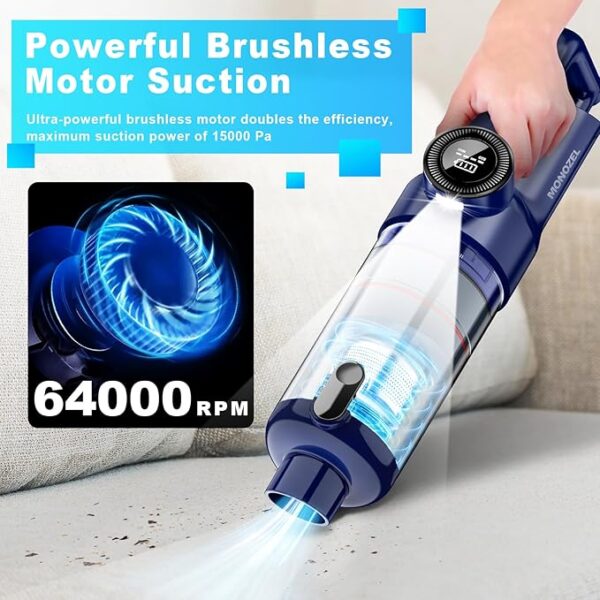 Handheld Vacuum Cordless - Car Vacuum Cleaner with Brushless Motor, 15000Pa Strong Suction with LED Light, Type C Cable, 2 Fliters, Portable Hand Vacuum for Car, Home, and Office - Image 8