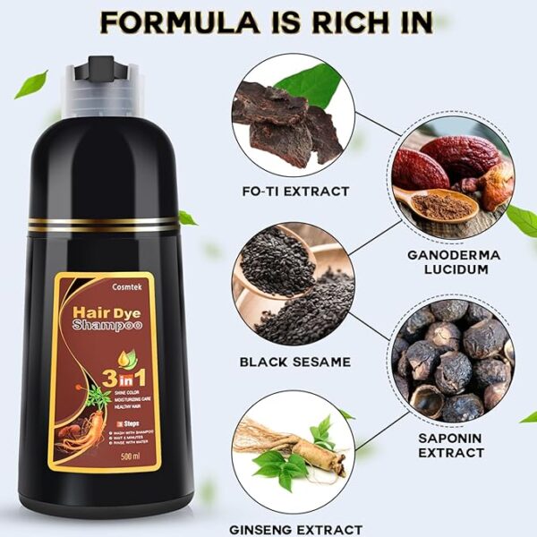 Dark Brown Hair Dye Shampoo for Gray Hair, Semi-Permanent Hair Color Shampoo for Women and Men, Herbal Ingredients, 3 in 1-100% Grey Coverage, 17.6 Fl Oz (Pack of 1) - Image 5