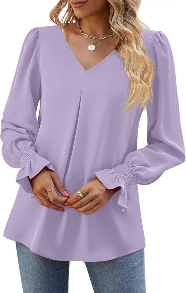 Funlingo Women's 2024 Long Sleeve Tops Dressy Casual V Neck Tunic Shirts Loose Chiffon Work Blouse - Image 2