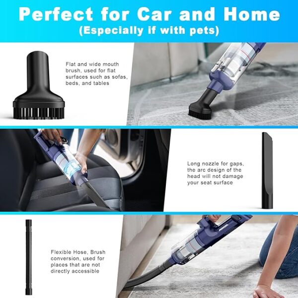 Handheld Vacuum Cordless - Car Vacuum Cleaner with Brushless Motor, 15000Pa Strong Suction with LED Light, Type C Cable, 2 Fliters, Portable Hand Vacuum for Car, Home, and Office - Image 4