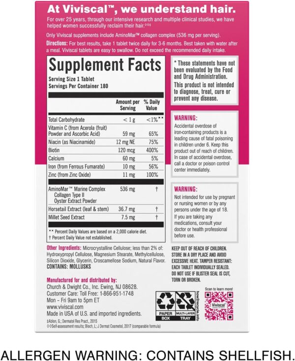 Viviscal Hair Growth Supplements For Women For Thicker, Fuller Hair, Nourishes Thinning & Loss, With Proprietary Collagen Complex, 180 Tablets, 3 Month Supply - Image 2