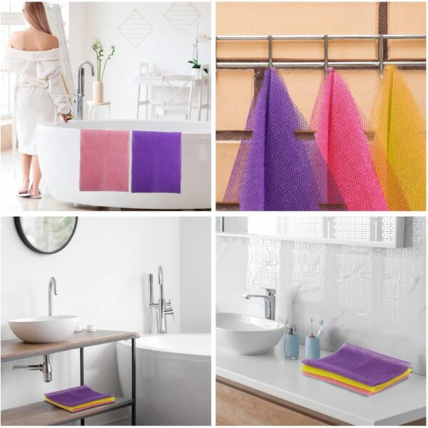 UJFQBH 3 Pieces African Bath Sponge African Net Long Net Bath Sponge Exfoliating Shower Body Scrubber Back Scrubber Skin Smoother,Great for Daily Use (Pink,Yellow,Purple) - Image 3