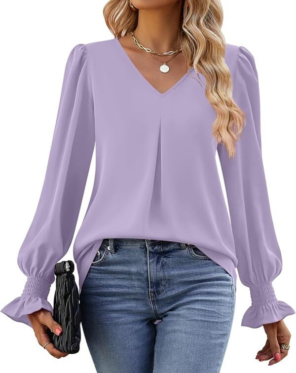 Funlingo Women's 2024 Long Sleeve Tops Dressy Casual V Neck Tunic Shirts Loose Chiffon Work Blouse - Image 5