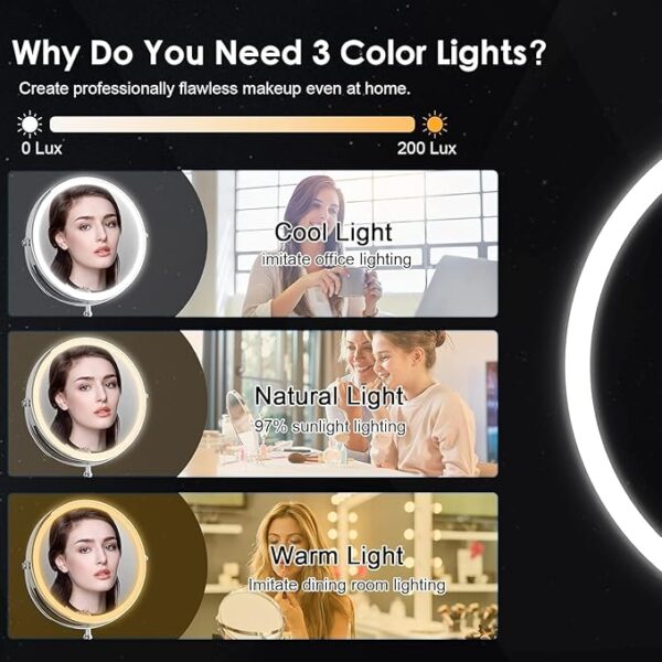 Lighted Makeup Mirror, 3000 mAh Rechargeable Double Sided Magnifying Mirror with 3 Colors, 1x/10x 360° Rotation Vanity Mirror, Brightness Adjustable Magnification Cosmetic Light up Mirror, Women Gift - Image 6