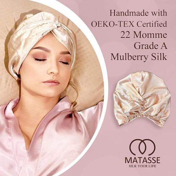 MATASSE Silk Bonnet for Sleeping with and without Adjustable Strap for Curly and Straight Hair - 22 Momme Sleep Cap, Real Mulberry on Both Sides - Image 3