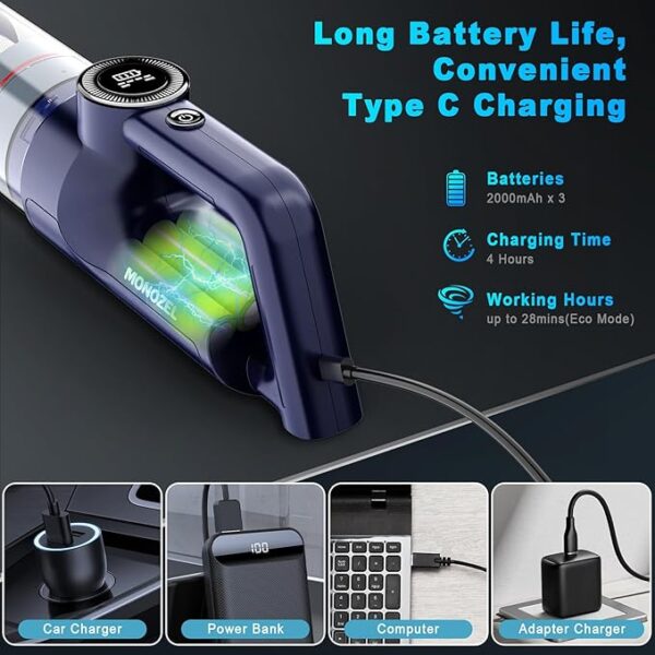 Handheld Vacuum Cordless - Car Vacuum Cleaner with Brushless Motor, 15000Pa Strong Suction with LED Light, Type C Cable, 2 Fliters, Portable Hand Vacuum for Car, Home, and Office - Image 5