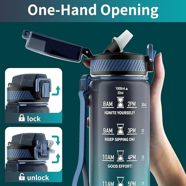 Water Bottle with Straw, 32oz Motivational Water Bottles with Time Marker to Drink, Tritan BPA Free, 1L Sports Water Bottle with Carry Strap LeakProof for Women Gym Fitness Outdoor (1 Pack) - Image 6