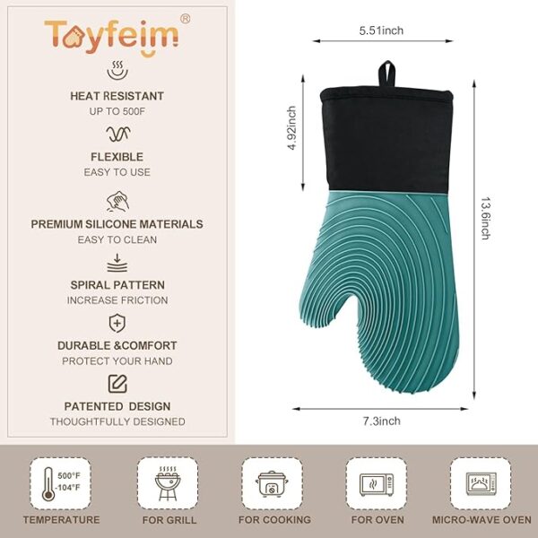 Silicone Oven Mitts-13.6 in Extended Oven Mitts Heat Resistant 500F, Oven Gloves with Soft Liner Good Grippy BPA-Free Easy to Clean Flexible-Oven Mits Set for Cooking Baking Grilling BBQ - Image 3