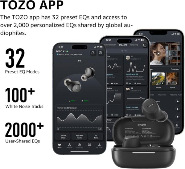 TOZO A1 Wireless Earbuds Bluetooth 5.3 Light Weight in Ear IPX5 Waterproof Headphones 2 Mic for AI Calls, Immersive Premium Sound Bass Headset with Charging Case, 32 Presets EQ Customization via App - Image 2