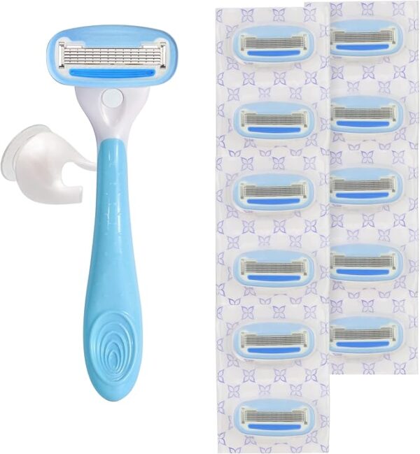 Amazon Basics 5-Blade Razor for Women, Handle, 12 Cartridges & Shower Hanger (Cartridges fit Amazon Basics Razor Handles only) 14 Piece Set, Blue - Image 5
