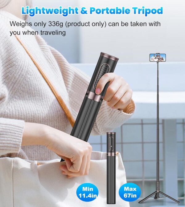TONEOF 67" Cell Phone Selfie Stick Tripod,Smartphone Stand All-in-1 with Integrated Wireless Remote,Portable,Lightweight,Extendable for iPhone/Android(Black) - Image 3