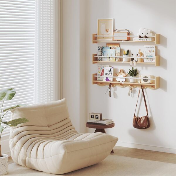 Nursery Bookshelves Wall Mounted，34inch，Set of 3, Floating Shelf Kids Coat Rack with 6Hooks,Hanging Shelf for Baby Nursery Room Décor, Patent Number: 29924445,Burlywood - Image 2