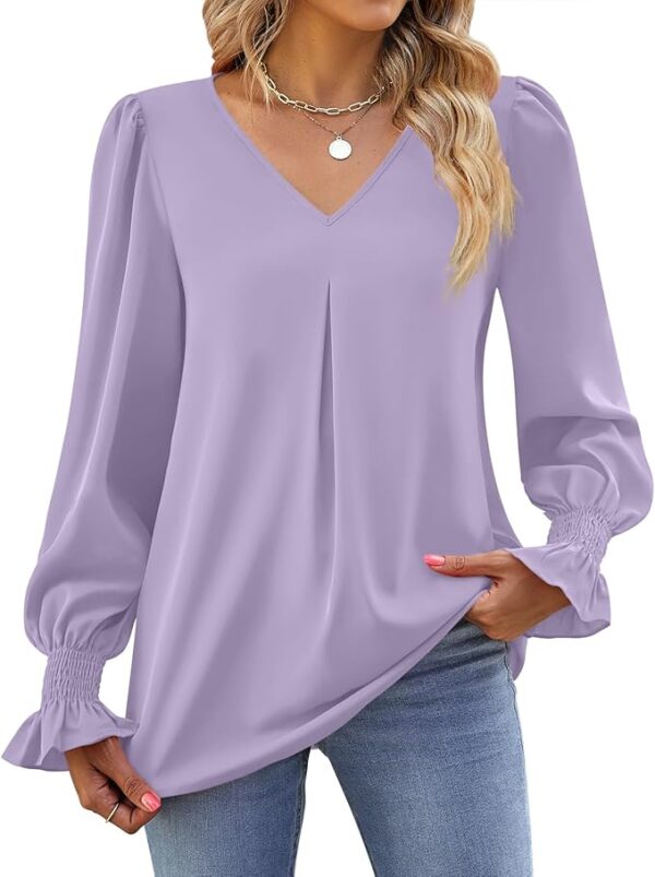 Funlingo Women's 2024 Long Sleeve Tops Dressy Casual V Neck Tunic Shirts Loose Chiffon Work Blouse - Image 4