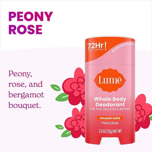 Lume Whole Body Deodorant - Smooth Solid Stick - 72 Hour Odor Control - Aluminum Free, Baking Soda Free and Skin Safe - 2.6 Ounce (Pack of 2) (Peony - Image 6
