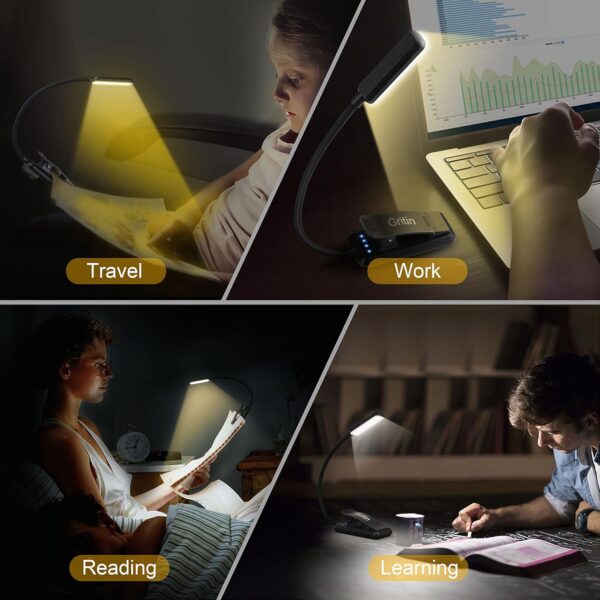 Gritin 9 LED Rechargeable Book Light for Reading in Bed - Eye Caring 3 Color Temperatures,Stepless Dimming Brightness,80 Hrs Runtime Small Lightweight Clip On Book Reading Light for Studying - Image 3