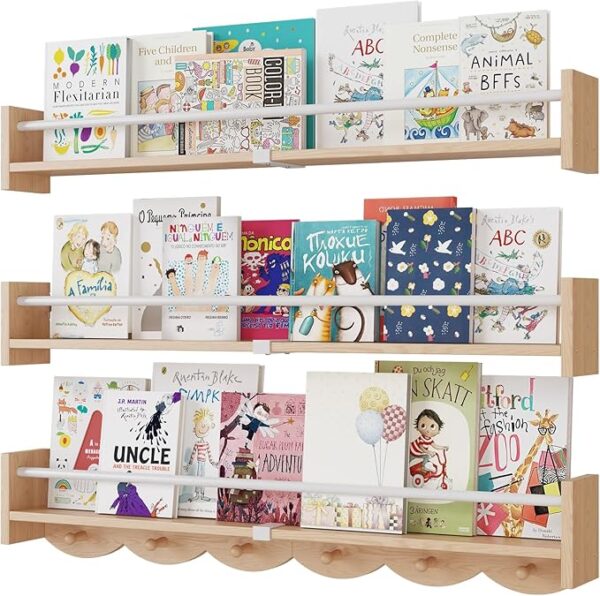 Nursery Bookshelves Wall Mounted，34inch，Set of 3, Floating Shelf Kids Coat Rack with 6Hooks,Hanging Shelf for Baby Nursery Room Décor, Patent Number: 29924445,Burlywood