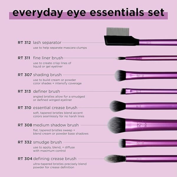 Real Techniques 8 Piece Everyday Eye Essentials Makeup Brush Set, Eye Brushes for Eye Liner, Eyeshadow, Brows, & Lashes, Travel Friendly, Gift Set, Synthetic Bristles, Cruelty-Free & Vegan - Image 10
