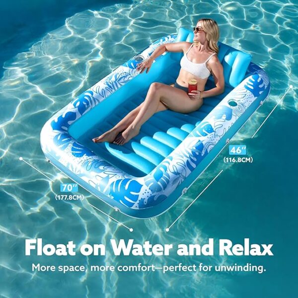 SLOOSH Inflatable Tanning Pool Lounger Float, 70" x 46" Pool Floats Adult with Pillow, 4 in 1 Suntan Tub Raft Floatie,Sunbathing Bed Lounge for Water Blow Up Kids Ball Pit Party Gifts, L-Blue - Image 7