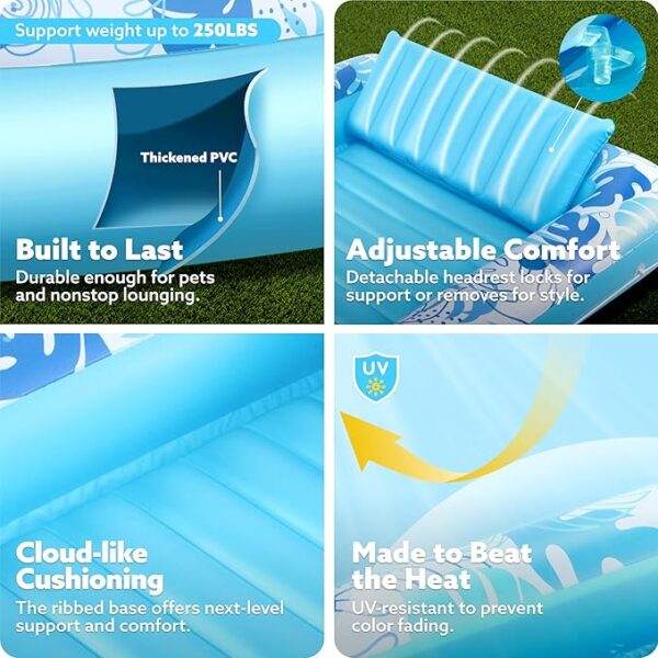 SLOOSH Inflatable Tanning Pool Lounger Float, 70" x 46" Pool Floats Adult with Pillow, 4 in 1 Suntan Tub Raft Floatie,Sunbathing Bed Lounge for Water Blow Up Kids Ball Pit Party Gifts, L-Blue - Image 4