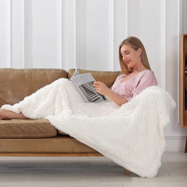 Tuddrom Decorative Extra Soft Fuzzy Faux Fur Throw Blanket 50" x 60",Solid Reversible Long Hair Shaggy Blanket,Fluffy Cozy Plush Comfy Microfiber Fleece Blankets for Couch Sofa Bedroom,Cream White - Image 6
