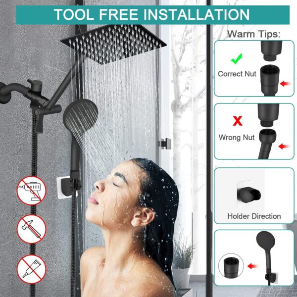 Shower Head, 8‘’ High Pressure Rainfall/Handheld Shower Combo with 11'' Extension Arm, 9 Settings, Anti-leak Shower Head with Holder, Height/Angle Adjustable, Chrome, Matte Black - Image 2