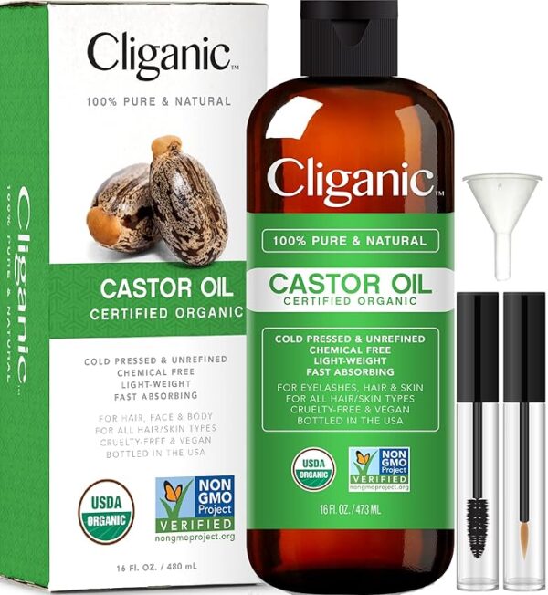 Cliganic USDA Organic Castor Oil, 100% Pure (16oz with Eyelash Kit) - For Eyelashes, Eyebrows, Hair & Skin | Bulk, Natural Cold Pressed Unrefined Hexane-Free | DIY Carrier Oil Visit the Cliganic Store